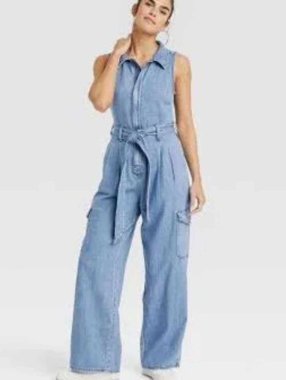 NWT Universal Thread Light Blue Denim Sleeveless Utility Jumpsuit Size 18 Plus - Picture 2 of 8